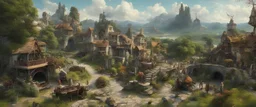 A busy outdoor surrealist market, in a beautiful surreal outdoor countryside summer scene, with hills & fields, intricate dwellings, many pathways & stairways, streams, waterfalls, a waterwheel, & magnificent sky-beasts : in the style of Salvador Dali & Hieronymus Bosch, very high detail, photorealistic, epic cinematic, 8K, Large depth of field