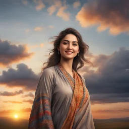 Hyper Realistic happy young-Pashto-woman standing with cloudy sunset