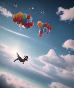 Ultra realistic speed clouds sky scene, wide angle view, strong men falling down with many Childs background, circus dress style, feather color, free jumping flying, many trinkets, hair monster, many jelly beans, balls, color smoke, smile, happy, extreme, wind, clouds sea, 20,000 feet altitude, stratosphere, soft color, highly detailed, unreal engine 5, ray tracing, RTX, lumen lighting, ultra detail, volumetric lighting, 3d, finely drawn, high definition, high resolution.