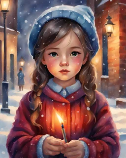 illustration art style, Match Girl, poor girl, watercolor painting style, watercolor art, watercolor painting, close-up face, a little girl holds a lighted match in one hand, old knitted dress, adorable eyes, look at the camera, front view, brick wall and snowfall in the background, illustration, watercolor painting, watercolor painting style, colorful, vivid colors, high detail, high quality, 8k, masterpiece, best quality