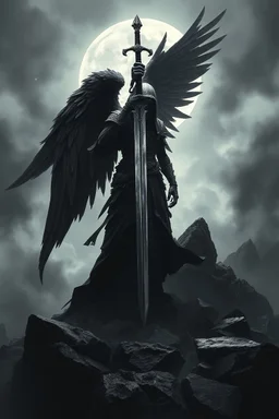 surreal dreamlike scene, stunning warrior fallen angel with sword, mystic gloomy, dark shadows and vertical pale light, stones, rocks, dark vibe, come strom , dark colors, , moon with black darkness, fog, detailed, spalh art, black and white art