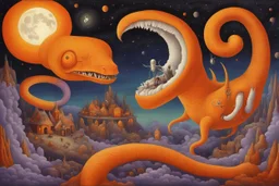 They are all alive even the moon bulges in its orange irons to push children like a god from its eye, The old unseen serpent swallows up the stars, astral strangeness, surrealist art, by Aeron Alfrey, by Alexander Jansson, volumetric lighting, maximalist, warm colors, orange-black-violet color scheme.