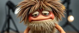 close up portrait of hairy fluffy polymer clay cute happy worried monster with realistic human colored and textured skin, and long sleek limbs and with studio lights