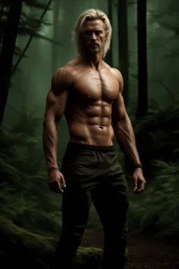 Tall, very muscular man, aged 35 with light shaggy hair which falls around his shoulders, blonde neatly trimmed beard, wearing a teeshirt, photorealistic, 4k, dark fantasy, forest.