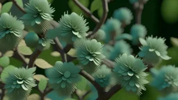 Contemplative and realist photo of a 3d geometric Black alder flowers in a garden. Colors are light blue, light brown and light green.