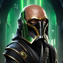 star wars bald male corellian jedi pilot wearing gunmetal grey and black old republic armored robes with gold trim inside the jedi temple holding a lightsaber with viridian green blade in left hand, centered head and shoulders portrait, hyperdetailed, dynamic lighting, hyperdetailed background, 8k resolution, volumetric lighting, light skin, fully symmetric details