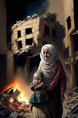 Palestinian old woman wears the keffiyeh , Carrying a small girl ,at summer , Destroyed Buildings , with a Explosions, at night