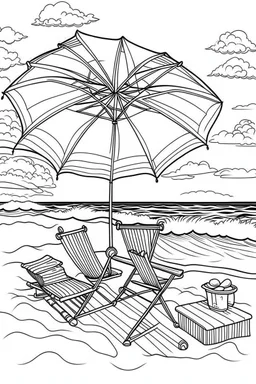 Outline art for coloring page, PICNIC BACKET UNDER A BEACH UMBRELLA ON A HAWAII BEACH, coloring page, white background, Sketch style, only use outline, clean line art, white background, no shadows, no shading, no color, clear