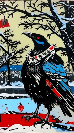 A contemporary serigraphy painting by Matisse of a human-like and happy crow adorned in a punk leather jacket within a snowy Christmas atmosphere.