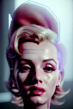 Ultra Realistic image, portrait, blonde woman, sweet Marylin Monroe face, perfect iris, glow eyes, makeup. Cyberpunk style, oversized transparent latex coat, yakuza tattoos body.fog, rain, soft color, highly detailed, unreal engine 5, ray tracing, RTX, lumen lighting, ultra detail, volumetric lighting, 3d, finely drawn, high definition, high resolution.