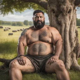 close up of a 48 year old arab shepherd tattoed, sturdy, hairy muscular chubby, with short black beard and big nose, relaxes sitting leaning against a tree in the middle of a meadow full of grazing sheep, shirtless with ruined old shorts, strong and muscular hairy legs, bare feet, photorealistic bucolic scene, view from the bottom, looking at camera