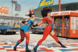 one woman in bright colorful and checkered (high res photo by Ralph Steadman in the 70ties) super heroine in leotard (chevron, lycra, nylon, spandex, tights) stops a massive violent thief at a gas stations, she is the queen of jujustu