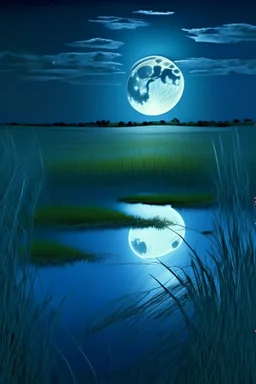 a calming full, blue moon over a grassy field with water