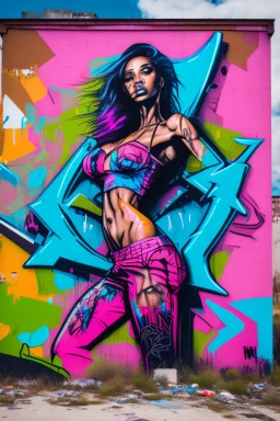 graffiti art on the back side of an abandoned building portraying a female super model posing confidently, 8k, highly detailed, centered, epic composition, graffiti art, splash art, street art, spray paint, oil gouache melting, acrylic, high contrast, colorful polychromatic, ultra detailed, ultra quality, CGSociety