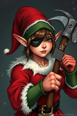 Female Christmas elf with an eye patch wielding a hammer and communist sickle
