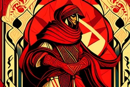 Stylized Arabian Nights knave, In the style of Tarot and Art Deco, Red colours