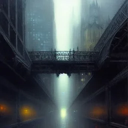 Bridge leads to Gotham city, Neogothic architecture,by Jeremy mann, point perspective,intricate detail