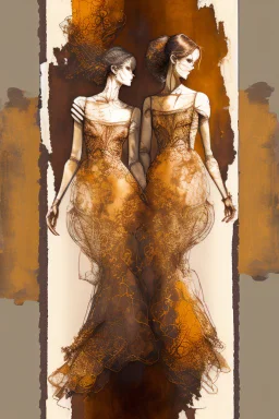 Hand sewn and embroidered double exposure, (((greg rutkowski))), caricature in ochre Polychromatic-Colors. (((intricate))). Stunningly beautiful couple of happy strong women dancing, all the head in the frame elegant soft diffused light intricate 8k oil on canvas sensuality very attractive wallpaper crisp quality whimsical, merged layers battery corrosion, copper patina