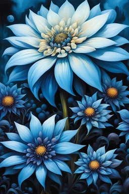 vibrant psychedelic oil painting image, airbrush, 64k, cartoon art image of background light blue and black dahia flowers, dystopian