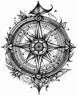 realistic Compass tattoo idea, line art, background, vector, svg, black outline on white background, leave plenty of white space beetween lines for coloring, tattoo style, tattoo idea,full body