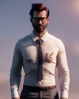 Realistic image, hybrid character, minimal muppet head, man body, human arms and hands, Shirt and tie, concept art, Wes Anderson style, smooth, unreal engine 5, god lights, ray tracing, RTX, lumen lighting, ultra detail, volumetric lighting, 3d, finely drawn, high definition, 4k.