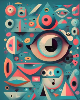 geometry abstract ,2d , soft colors, Malevic style, dark, random typographic characters, "BIG EYE", big mouth