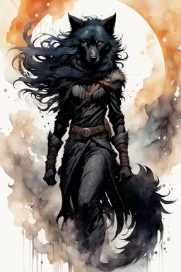 ink wash and watercolor full body concept illustration of an anthropomorphic, adventurous Black Wolf, underground resistance girl character with wildly flowing hair, ornately dressed with highly detailed feathers and facial features in the comic book style of Bill Sienkiewicz and Jean Giraud Moebius, with a fine art aesthetic, highly detailed , boldly inked, 4k UHD cinegraphic quality