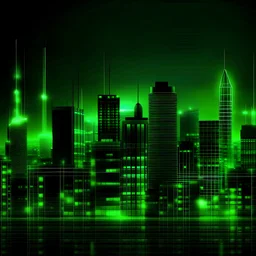 Create a neon buildings with night cityscapes backgrounds in decent green colors. Internet networking signals are shown.