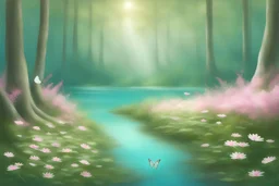 chemin dans une foret très belle, un petit lac turquoise en premier plan, des arbres au tronc très fin, des fleurs roses et blanches, des perles de lumière qui volent partout, un rayon de soleil, paix, magie, douceur, papillons, paysage réel,