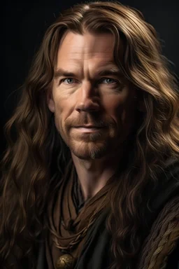 portrait of a handsome 40 year old highlander with long hair, earthbound but directed towards the future