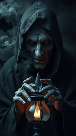 Portrait of an evil gray skin witch hooded Cary with both hands a lamp in front. A lot of smoke on the background