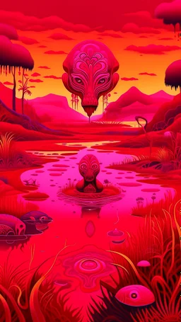 A reddish magenta fiery psychic wetlands designed in African masks