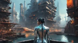 woman in a silver catsuit looking at a view of buildings made of reused dirty rusty metal next to a futuristic canal junction, cyberpunk, many painted colours, flying boats, balconies, bridges, people, shopping, eating, walking, fifth element, ghost in the shell, altered carbon, Ian McQue a masterpiece, 8k resolution, dark fantasy concept art, by Greg Rutkowski, dynamic lighting, hyperdetailed, intricately detailed, Splash screen art, trending on Artstation, deep color, Unreal Engine, volumetric