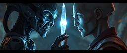 Close-up confrontation between an ancient alien outcast leader synth and a space broker, standing only a meter apart, intense eye contact, glowing crystalline rod between them, anger mixed with sadness, dramatic facial expressions, shallow depth of field, cinematic lighting, stylized 3D anime, airbrush painting, crisp outlines, escher , rembrandt and hr giger, border in background, characters not affected by border