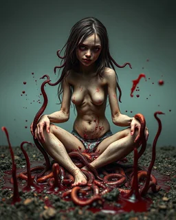 Petit weird woman with many worms from his body, sit pose, fullbody, splashes blood, behind guts rising from the ground, darkred tones, macro photography,