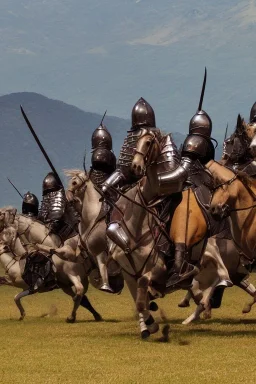 mounted knights galloping across an open field, swords in hand, mountains in distance