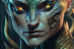 A Reptilian Female with snake eyes, tattooed skin, 4k resolution concept art portrait by Greg Rutkowski, Artgerm, WLOP, Alphonse Mucha dynamic lighting hyperdetailed intricately detailed Splash art trending on Artstation Unreal Engine 5 volumetric lighting, Boris Vallejo, triadic colors