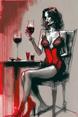 elegant beautiful brown-haired woman in red and black lace lingerie with crossed legs, proudly sitting on a chair, cigarette in her right hand, a glass of red wine on a table next to her, her lips are red, surrealist, smooth, pop, accentuate, faded glow, morning, bright, fine art, push, structure, silhouette, pencil sketch by Jean Cocteau fantasy high definition crisp quality in sunshine