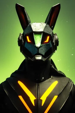 Medium Close Up Portrait, Front image. cyberpunk, rabbit mask helmet, strong man, titanium hair. Latex suit. Black, yellow, color. Rocketer style. Color background, photo studio. Avatar image, highly detailed, concept art, smooth, unreal engine 5, ray tracing, RTX, lumen lighting, ultra detail, volumetric lighting, 3d, finely drawn, high definition, high resolution.