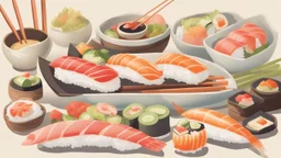 "An image of a sushi dish ready for serving, showcasing its vibrant colors and diverse ingredients. The details of the rice, fish, and vegetables are portrayed realistically, making you feel as if you're dining in an upscale Japanese restaurant. The harmonious blend of colors creates an artistic masterpiece worthy of savoring."