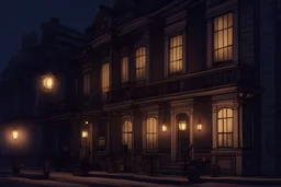 Building,Victoria era style building, middle wage worker district, dark night, lantern light, sims city artstyle