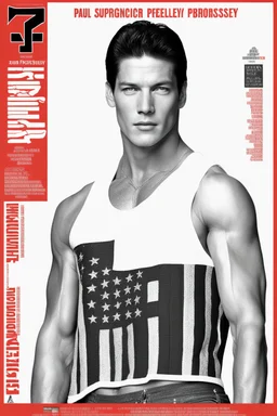 20-year-old, extremely muscular, short, buzz-cut, military-style haircut, pitch black hair, Paul Stanley/Elvis Presley/Keanu Reeves/Pierce Brosnan/Jon Bernthal/Sean Bean/Dolph Lundgren/Patrick Swayze/ hybrid, as the extremely muscular Superhero "SUPERSONIC" in an original patriotic red, white and blue, "Supersonic" suit with an America Flag Cape,