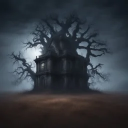 Hyper Realistic Haunted Dark observatory between a Field & dry old tree at heavy foggy night