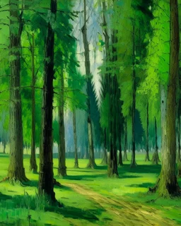 A green forest with giant trees painted by Claude Monet