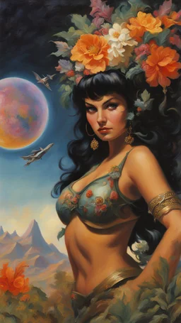 beautiful girl ,mugshot, Planet of the Vulcans, multicolored, large, floral designs, atmospheric, beautiful, oil painting by Frank Frazetta, 4k UHD, Photorealistic, professional quality