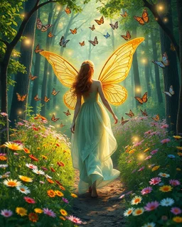 Beautiful Lady Fairy walk in forest with flowers and many colourful butterflies and fireflys, photography art