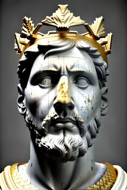 Ultra Realistic image, Roman sculpture, white marble material, Lionel Messi, semi profile, gold Laurel leaves wreath, god crown, baroque ornaments, one gold star in heart, sun ornament, sun rays background, chisel style, waist up portrait, emperor style, epic, celestial, cinematic lighting, God light, god rays, 4k resolution, smooth details, ornate details, soft lighting, unreal engine 5, art station, substance 3d.