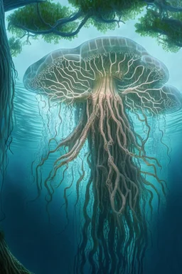 large jellyfish with tentacles climbing up a large tree, not underwater