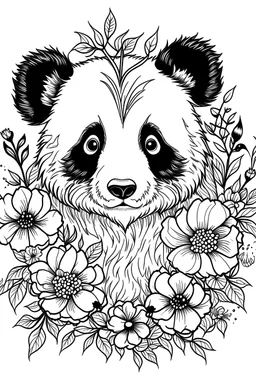 portrait of panda and background fill with flowers on white paper with black outline only