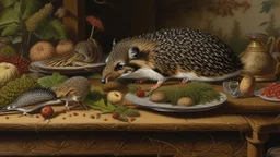 Pintura realista de caza con conejos y faisanes; un erizo terrestre explora discretamente la mesa, composición naturalista.
